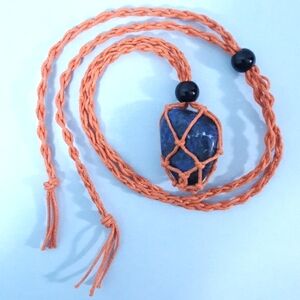 28" Blue Sodalite Crystal Stone Orange Macrame Boho Hippie Necklace